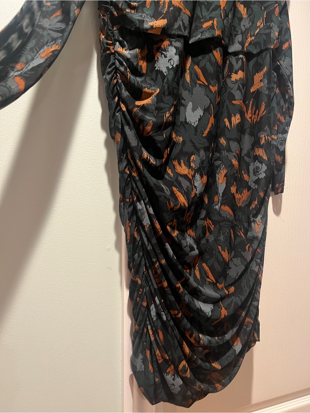 Black Floral Ruched Long Sleeve Midi Dress with Rust Accents